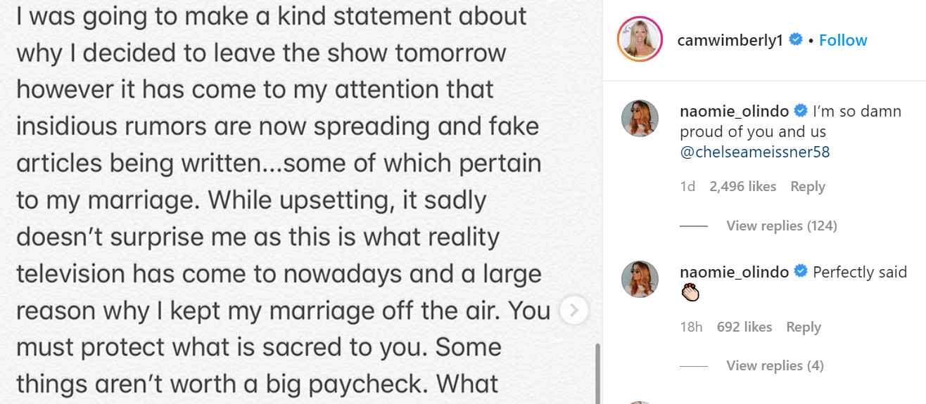 Naomie Olindo comments on fellow Southern Charm star Cameran Eubanks' post on Instagram