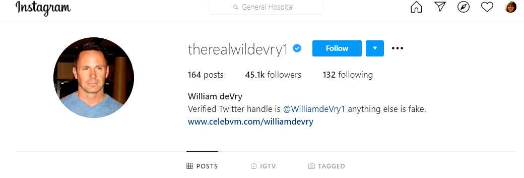 General Hospital star William deVry on Instagram