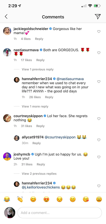 bravo stars comment on hannah's post