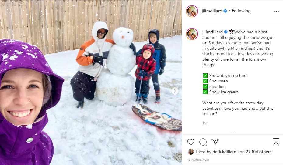 Jill Dillard Derick and the Kids play in the snow
