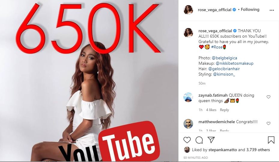 Rose Vega Gets More Than Half-a-Million YouTube Subscribers