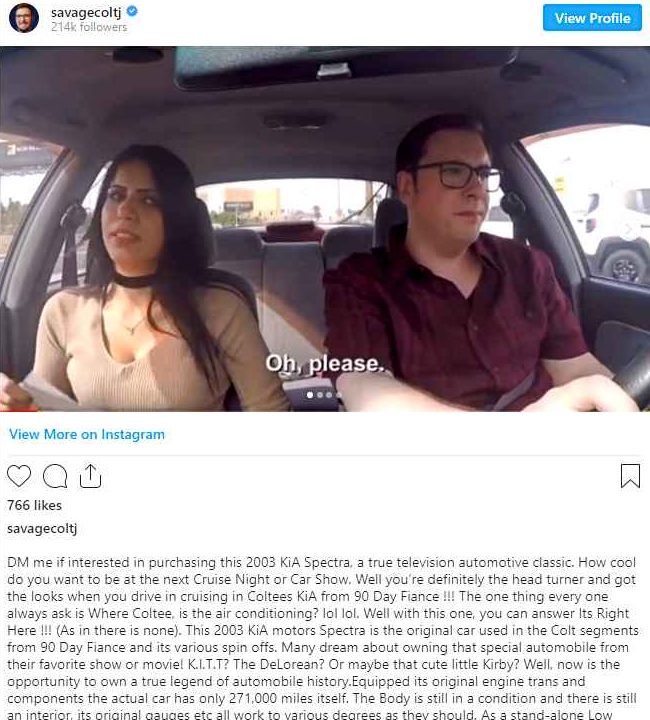 Colt Johnson posts sales ad for car seen on 90 Day Fiance