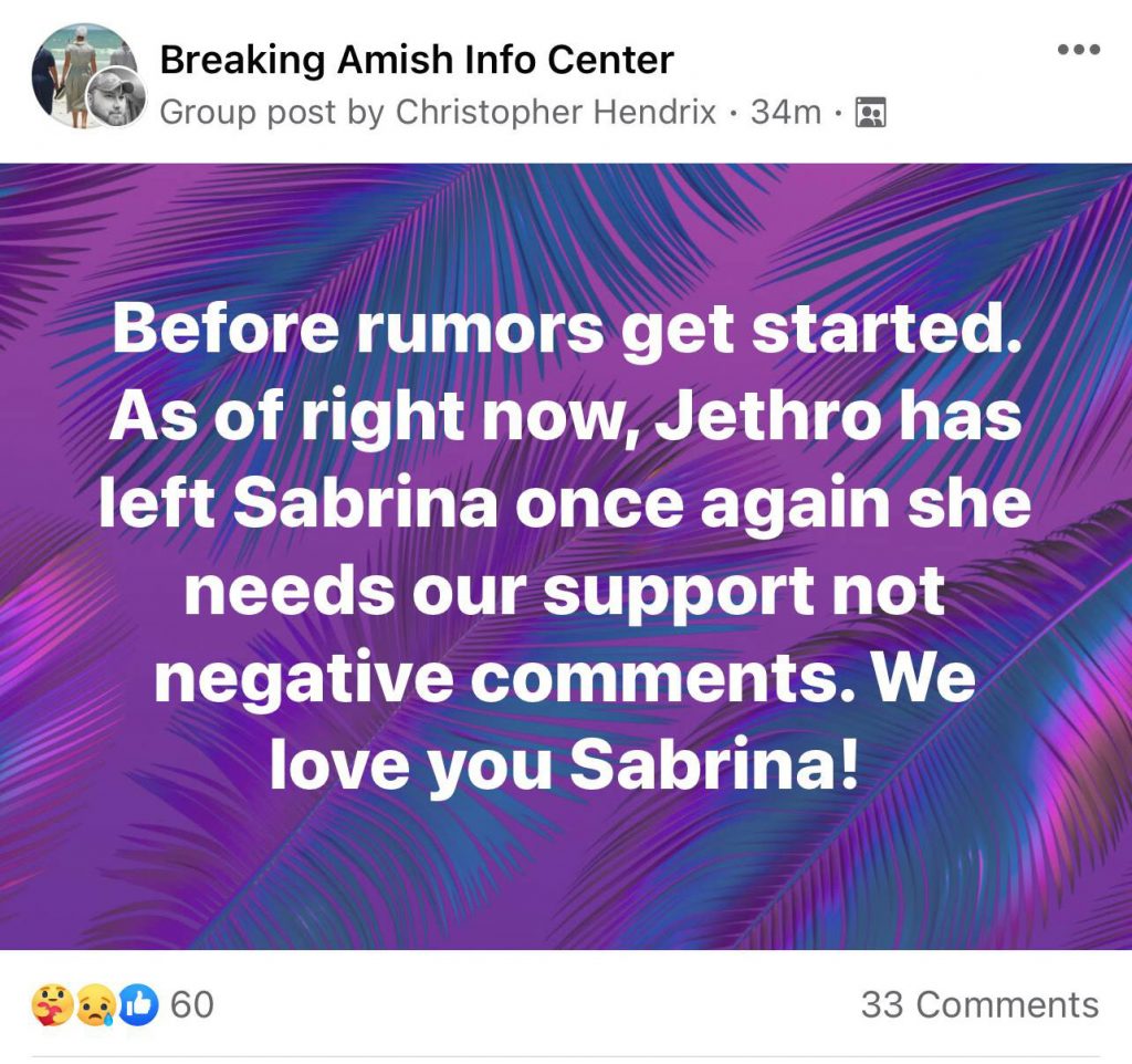 Return to Amish Sabrina Burkholder relationship status Facebook screenshot